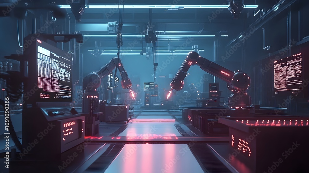 Poster A smart factory floor with 3D robotic arms assembling products, overlaid with 2D holographic data showing efficiency metrics. 4k resolution, Cinematic Scene