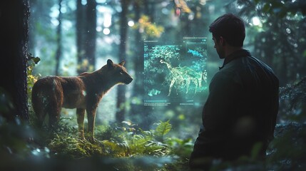A man observing wildlife in a forest, with holographic pop-ups identifying animals and their behaviors. 4k resolution, Cinematic Scene