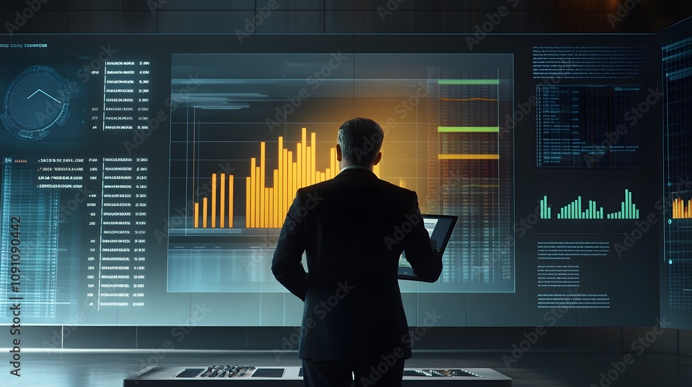 Poster a businessman analyzing 3d-rendered bar graphs projected from a tablet, surrounded by 2d digital das
