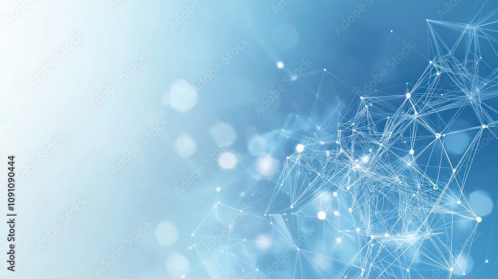 Poster abstract blue background with interconnected lines and dots, representing technology and data.