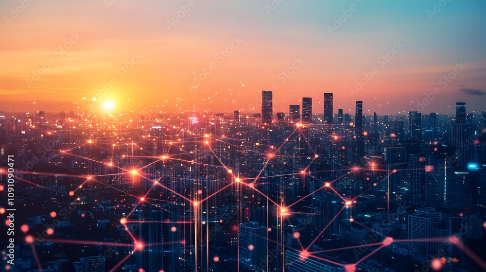 Poster a digital cityscape with 3d buildings interconnected by 2d holographic networks of glowing data path