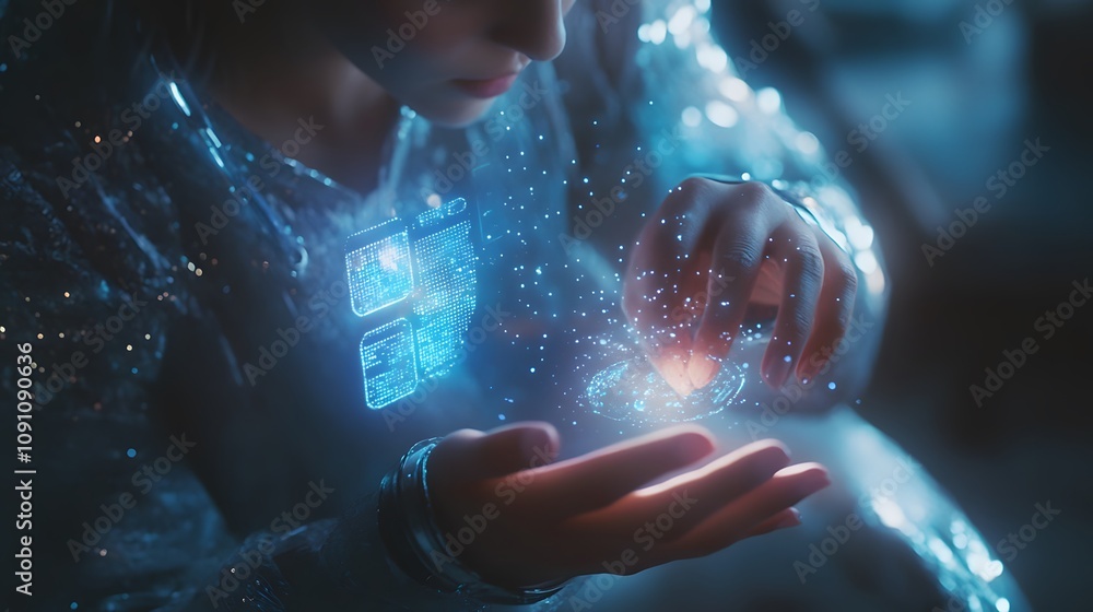 Poster a person interacting with a holographic virtual assistant projected from a wearable device, with 3d 