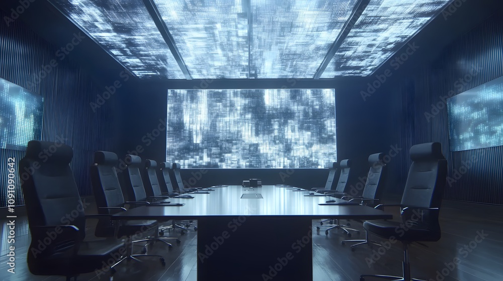 Poster a conference room with 3d digital charts hovering in mid-air, surrounded by 2d holographic collabora