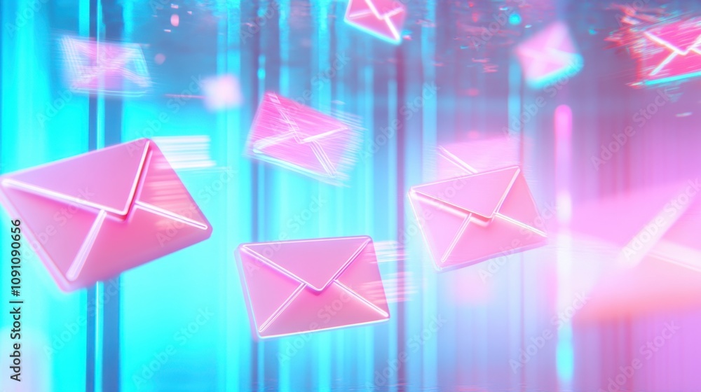 Poster colorful digital email concept with floating neon envelopes in a futuristic abstract background of p
