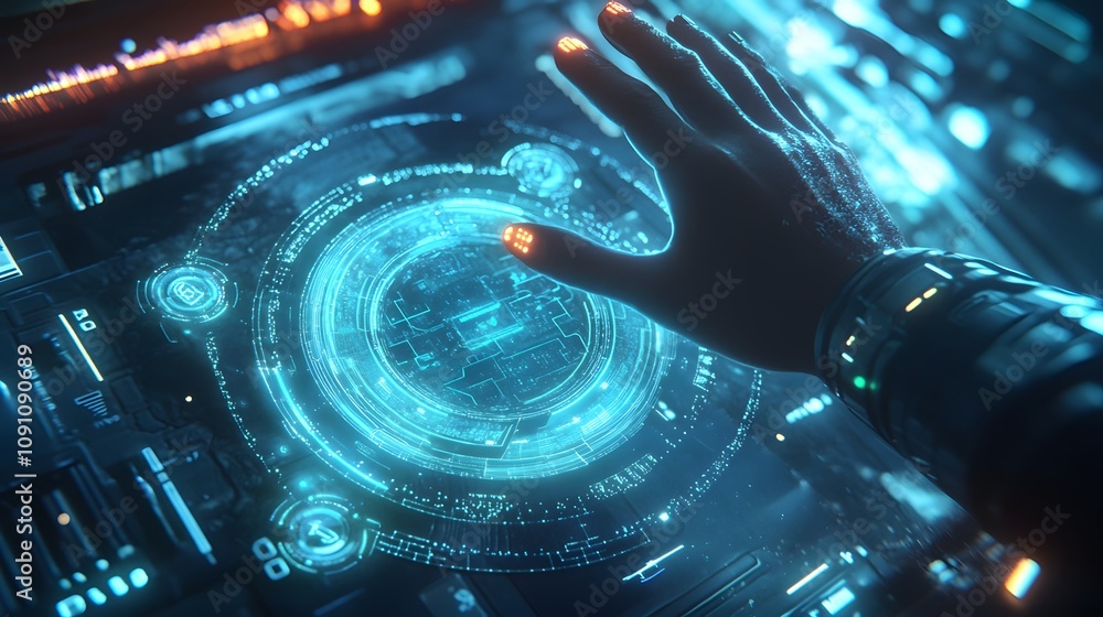Poster a person interacting with a holographic virtual assistant projected from a wearable device, with 3d 