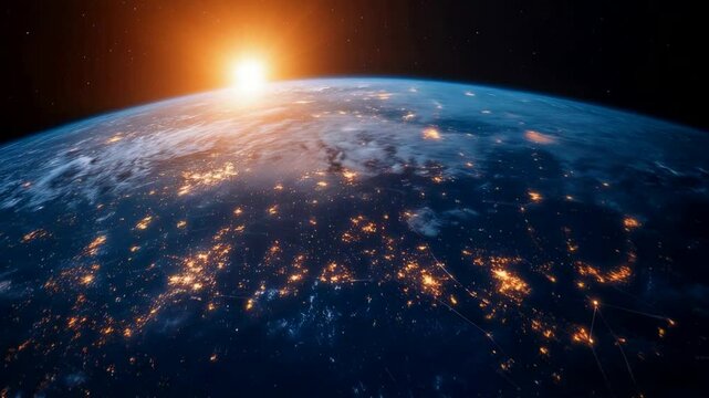 The earth seen from space with glowing city lights on it and network connections connecting the world, representing global connectivity and data transfer between cities across different time zones
