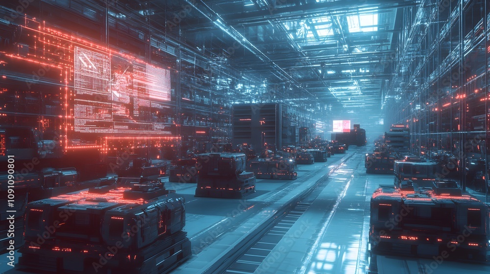 Poster a warehouse filled with 3d autonomous robots navigating paths, overlaid with 2d holographic logistic