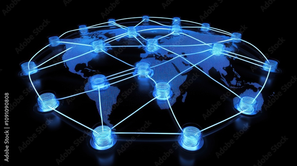 Poster global network connectivity visualization with blue data nodes and geographic outline representing d