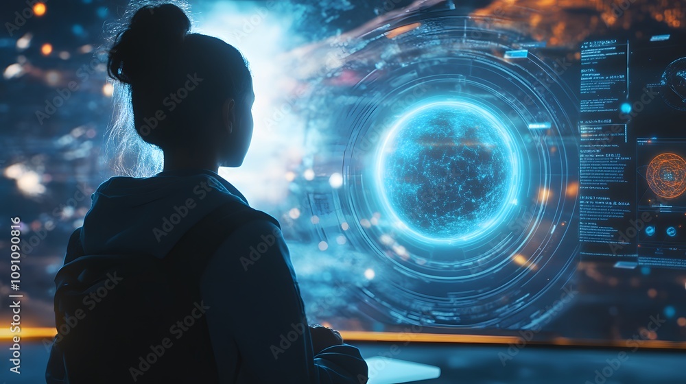 Poster a student in a futuristic classroom interacting with a 3d holographic solar system, surrounded by 2d
