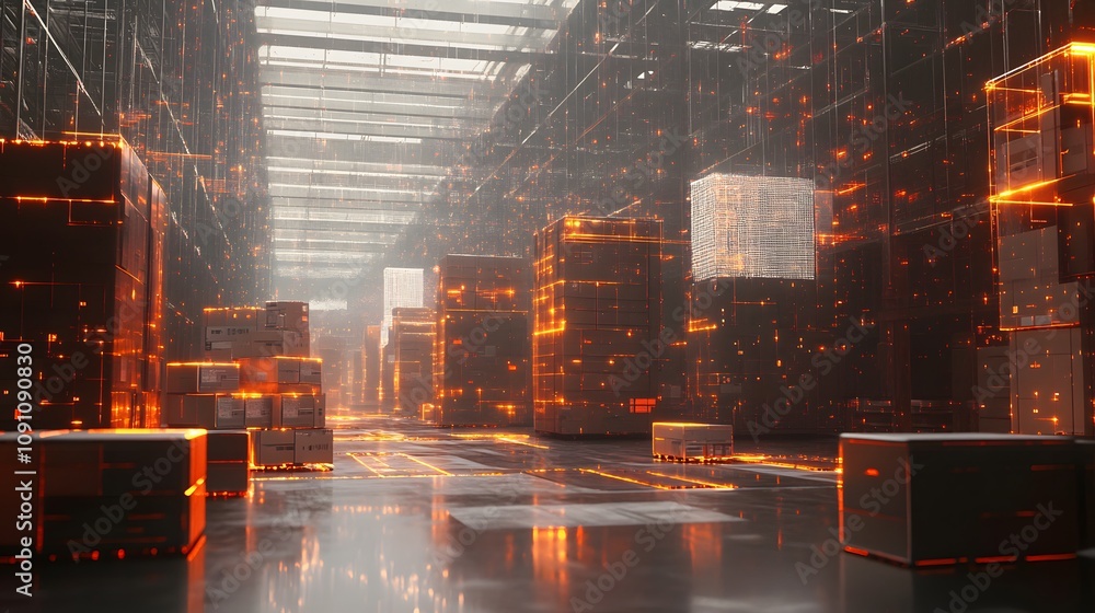 Poster A warehouse filled with 3D autonomous robots navigating paths, overlaid with 2D holographic logistics data. 4k resolution, Cinematic Scene
