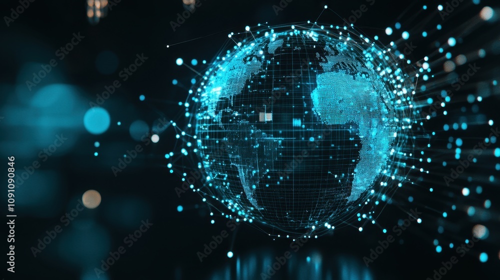 Poster digital globe representation with network connections and bright particles on a dark background illu