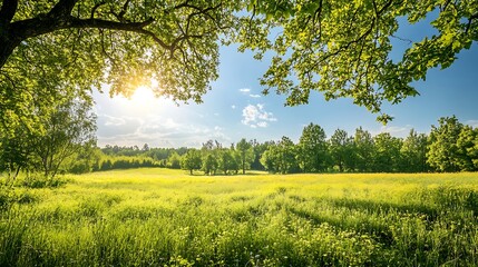 Sunny Meadow Landscape with Lush Green Trees