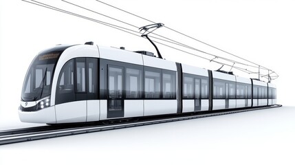 Obraz premium Modern Electric Tram Render: A Sleek, White Tramcar Travels Along Tracks on a Bright White Background