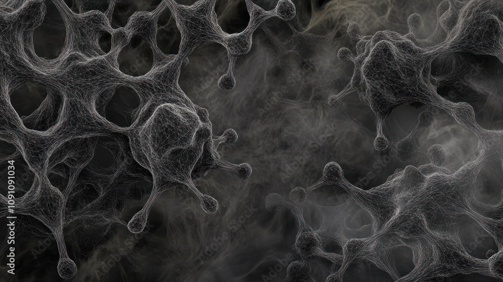 Poster Abstract representation of microscopic structures resembling cells or fibers.