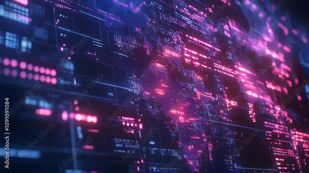 Poster a futuristic control room with 3d-rendered digital screens showcasing global connectivity maps, surr
