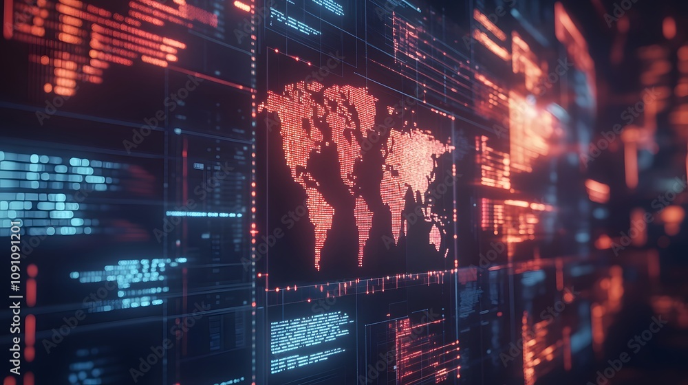 Poster a futuristic control room with 3d-rendered digital screens showcasing global connectivity maps, surr