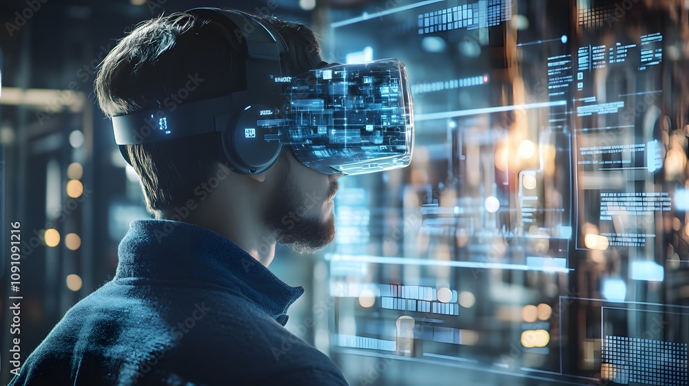 Poster A virtual reality simulation with 3D-rendered interactive environments and 2D holographic task prompts. 4k resolution, Cinematic Scene