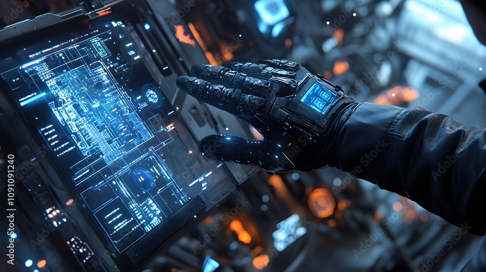 Poster a factory worker wearing smart gloves, interacting with 3d-rendered machinery controls enhanced by 2