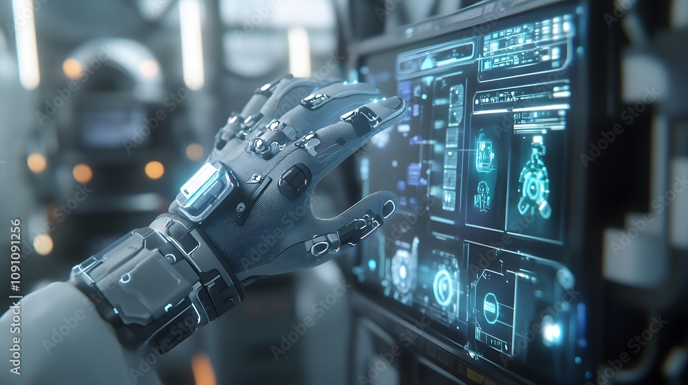 Poster a factory worker wearing smart gloves, interacting with 3d-rendered machinery controls enhanced by 2