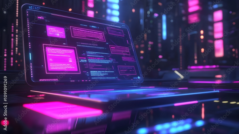 Poster A sleek futuristic laptop projecting a 3D holographic meeting interface, with 2D animated chat messages appearing around it. 4k resolution, Cinematic Scene