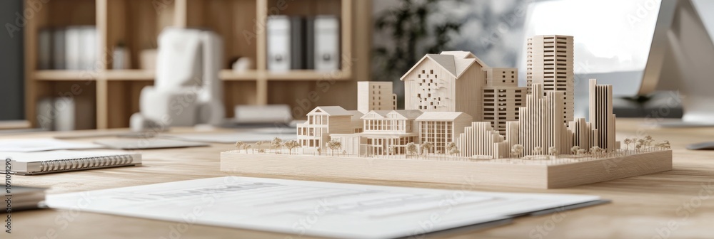 Poster a wooden architectural model displayed on a desk among documents and office items.