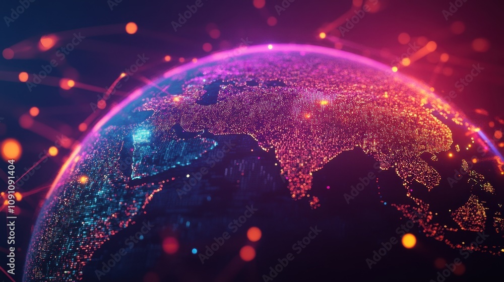 Poster vibrant global network overview with connecting lines illuminating the earth, showcasing data points