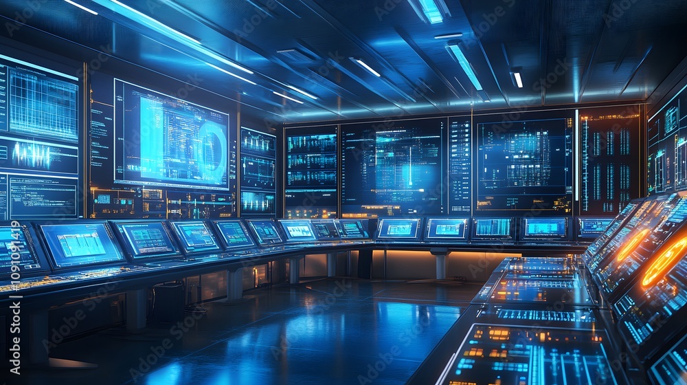 Poster a clean energy control center featuring 3d-rendered turbine monitors and 2d glowing analytics of pow