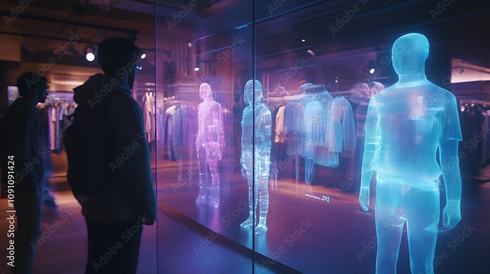 Poster a shopping experience with 3d holographic clothing try-ons projected from mirrors, enhanced by 2d gl