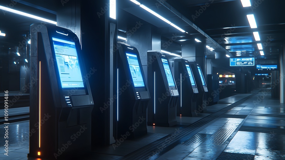 Poster a futuristic train station with 3d-rendered ticket kiosks and 2d glowing real-time arrival updates. 