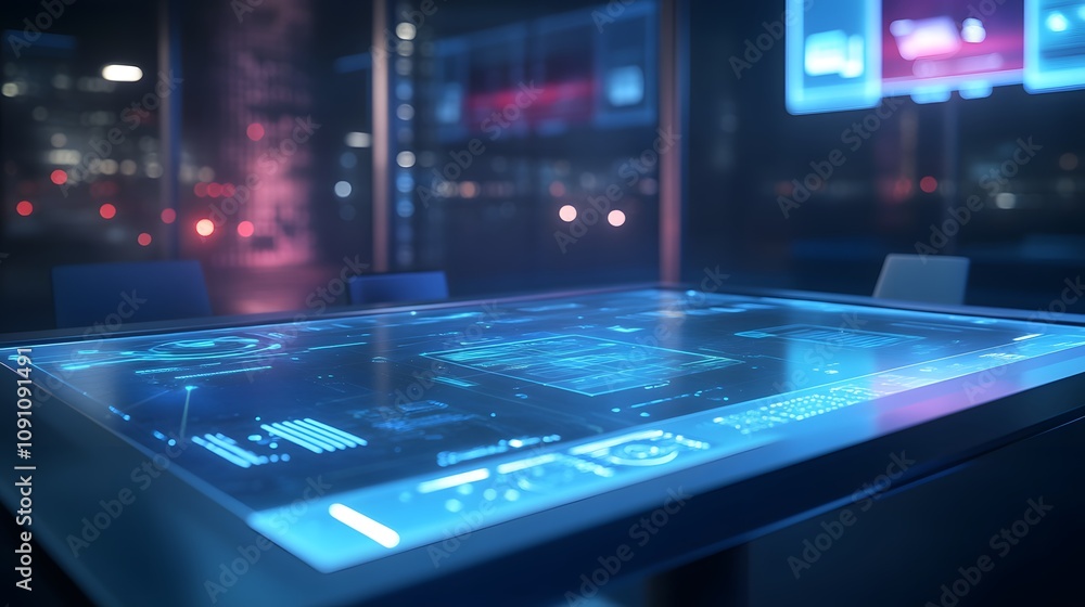 Poster a smart office desk featuring 3d holographic video conferencing and 2d glowing task trackers on the 