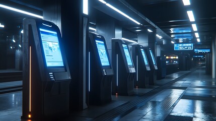 Fototapeta premium A futuristic train station with 3D-rendered ticket kiosks and 2D glowing real-time arrival updates. 4k resolution, Cinematic Scene