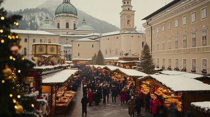 Naklejka premium Salzburg Christkindlmarkt, the aroma of cinnamon and baked goods fills the air, visitors in thick coats enjoy warm drinks amidst the bustling market atmosphere, Ai generated images