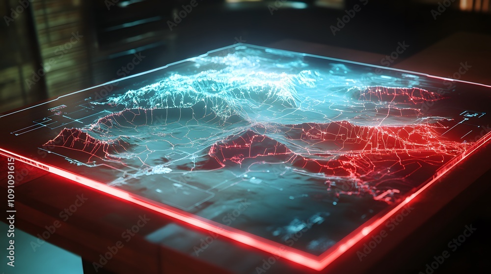 Poster a 3d holographic map projected in a war room, with 2d glowing routes and attack plans overlaying the