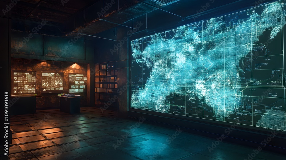 Poster a 3d holographic map projected in a war room, with 2d glowing routes and attack plans overlaying the