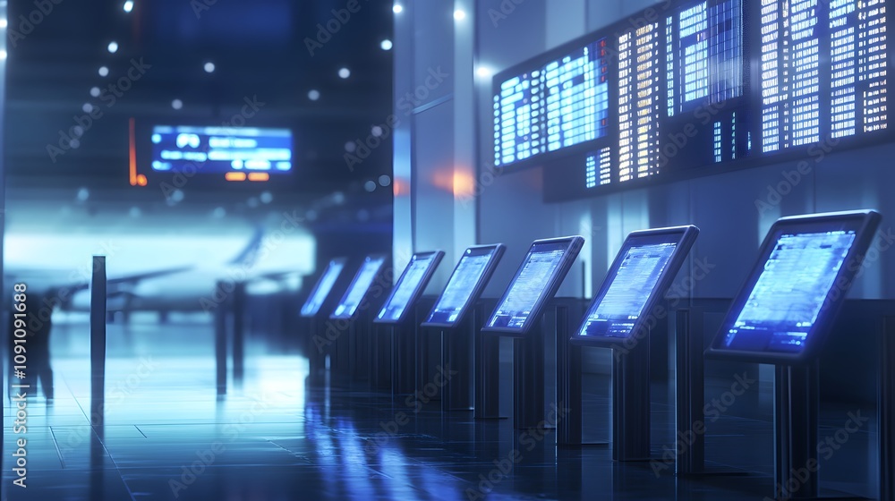 Poster a high-tech airport with 3d holographic flight boards and 2d glowing security checkpoints integrated