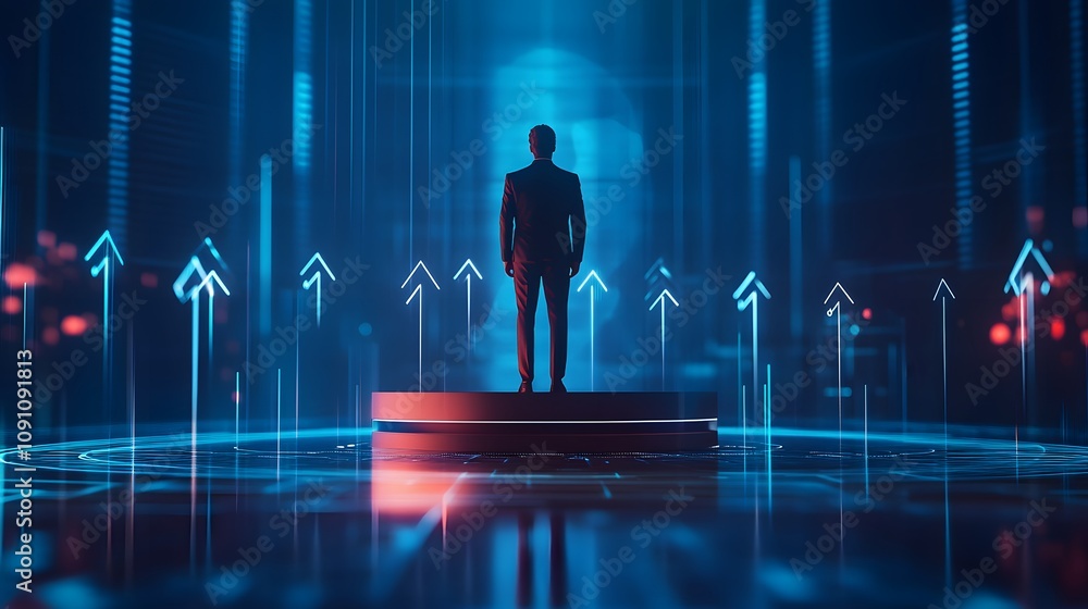 Poster a leader standing on a podium, their 3d-rendered figure surrounded by 2d holographic visuals of asce