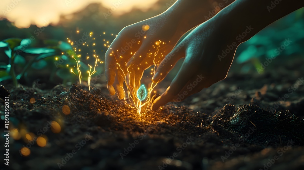 Poster a person planting a seed in fertile soil, with 3d glowing roots spreading and 2d animations of growt