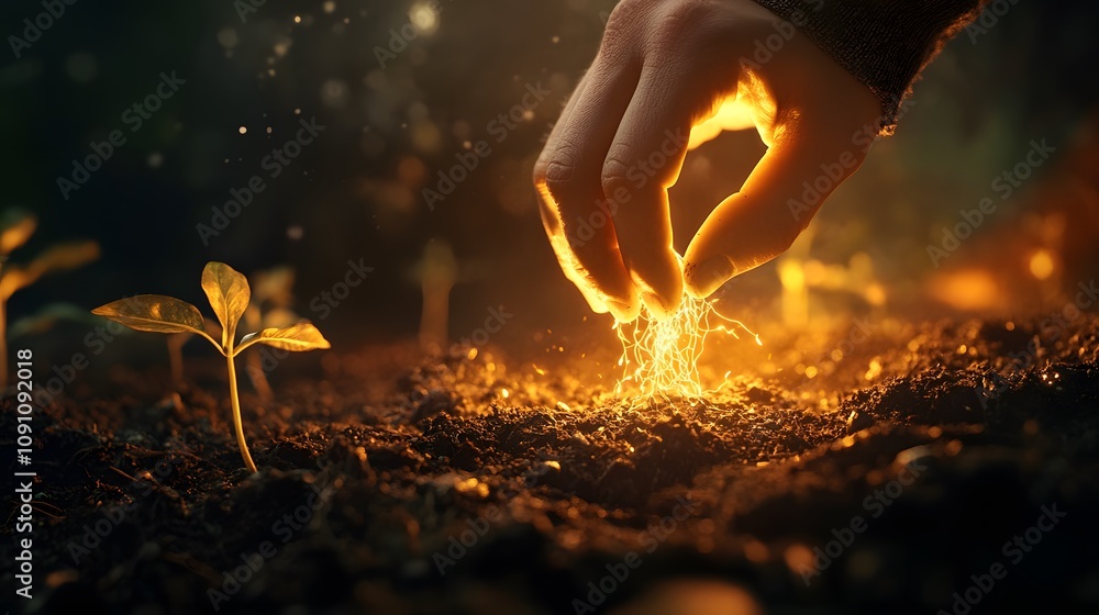 Poster a person planting a seed in fertile soil, with 3d glowing roots spreading and 2d animations of growt