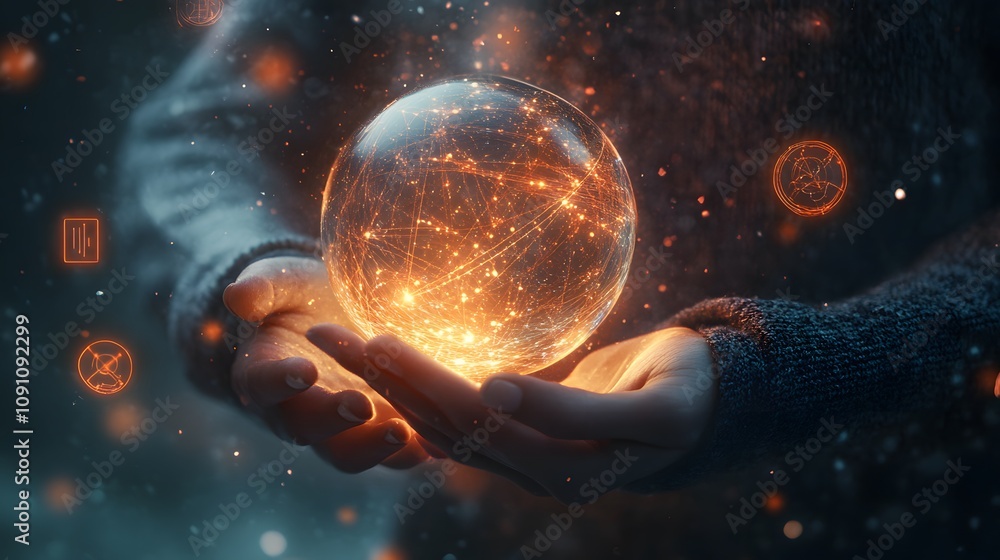 Poster a person holding a glowing orb in their hands, with 3d-rendered beams of light and 2d floating symbo