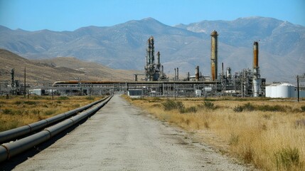 Obraz premium Industrial Complex Surrounded by Natural Landscape with Mountains in Background, Featuring Piping and Storage Tanks under Clear Blue Sky