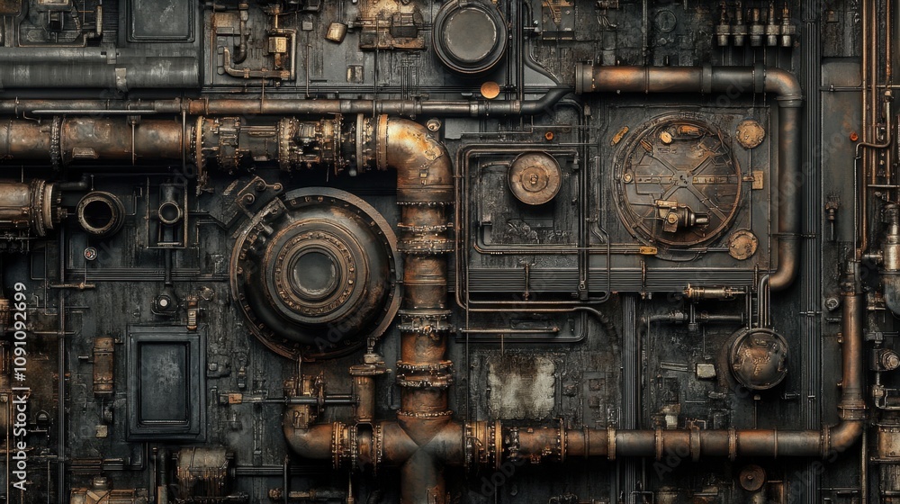 Poster detailed industrial pipe system with complex machinery and textured surface showcasing the intricaci