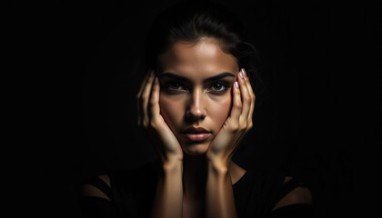 Fototapeta premium Serene Woman in Low Light with Eyes Closed, Reflecting Inner Peace and Emotional Tranquility in a Contemplative Portrait
