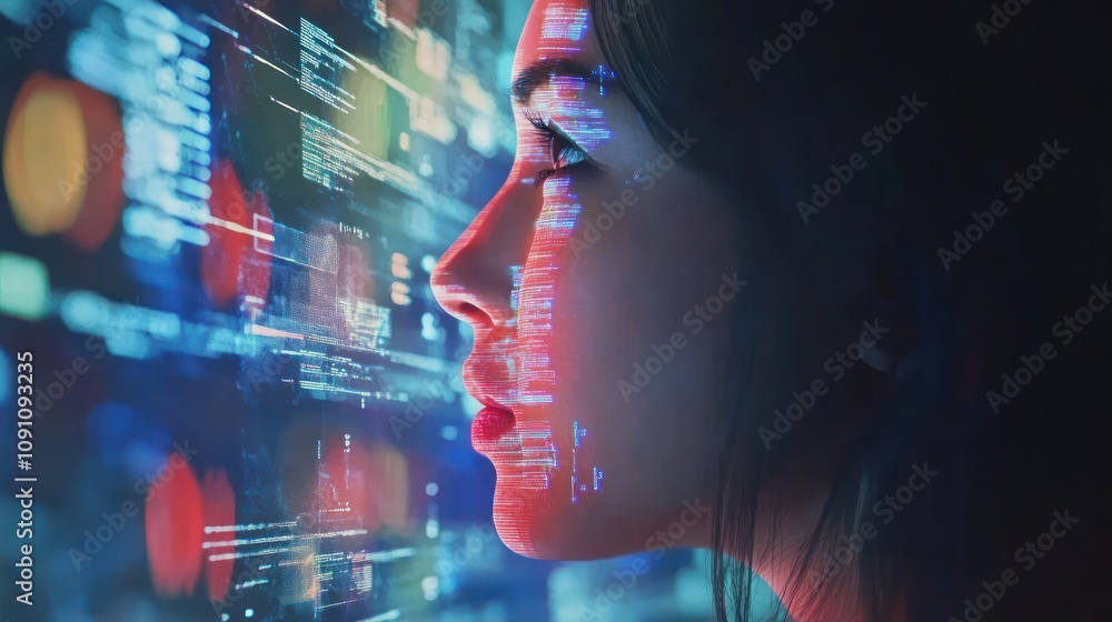 Aufkleber a close-up of a woman's profile illuminated by digital data and code projections.