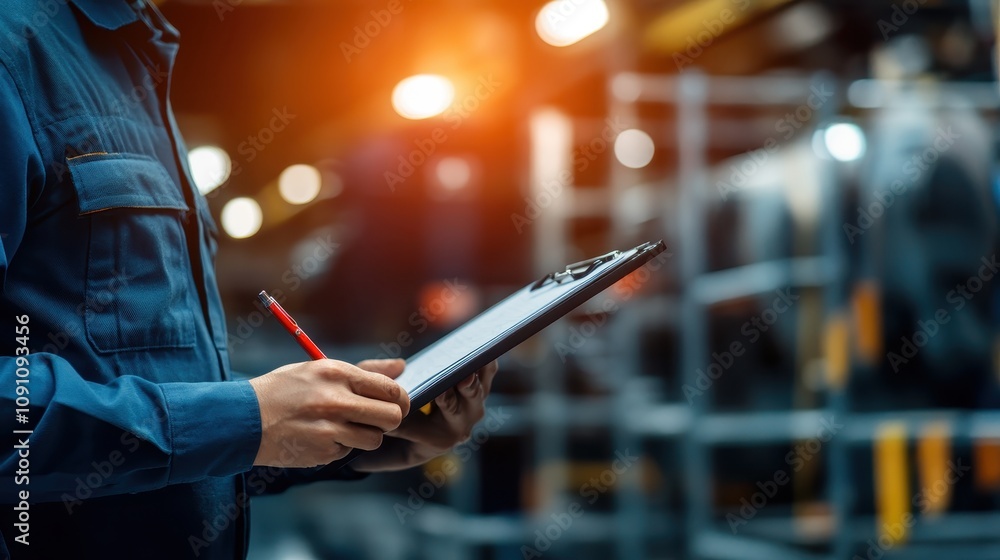 Poster a worker in a blue uniform using a tablet for tasks in an industrial setting.