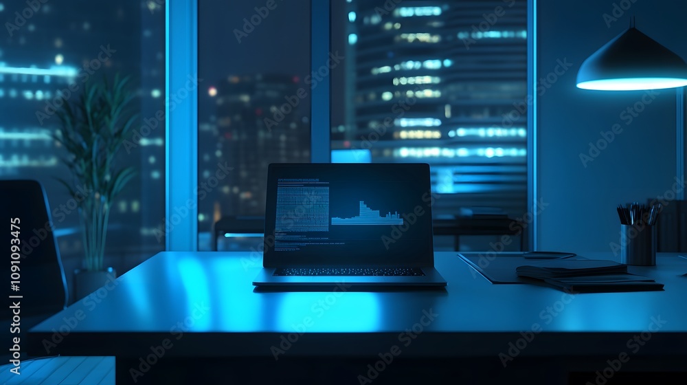Poster a sleek desk with a 3d glowing laptop projecting a 2d holographic business plan in a minimalist offi