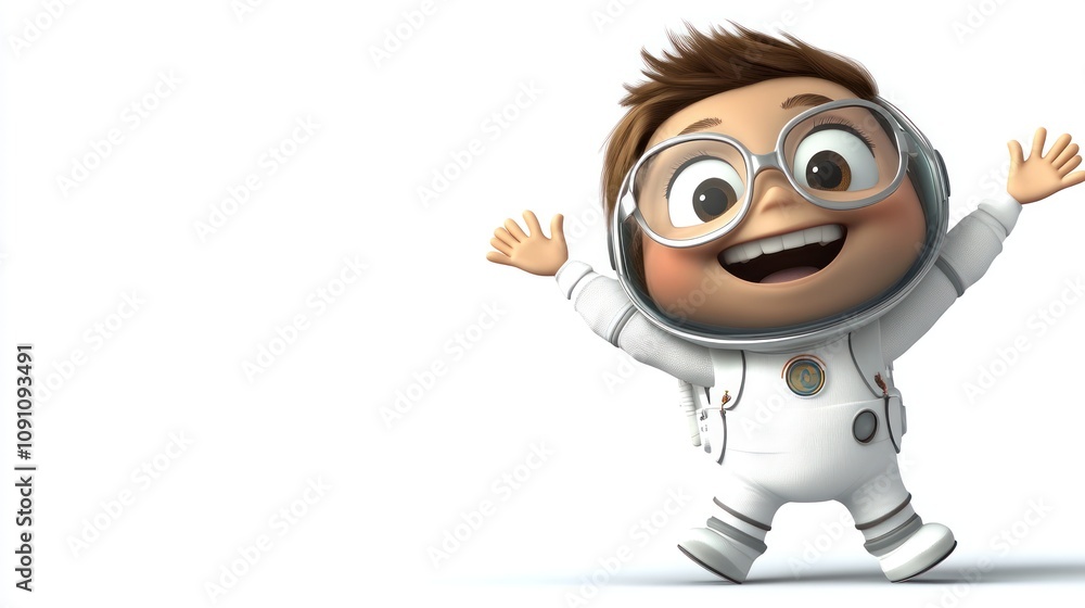 Poster a cheerful cartoon character in a spacesuit, celebrating with joy.