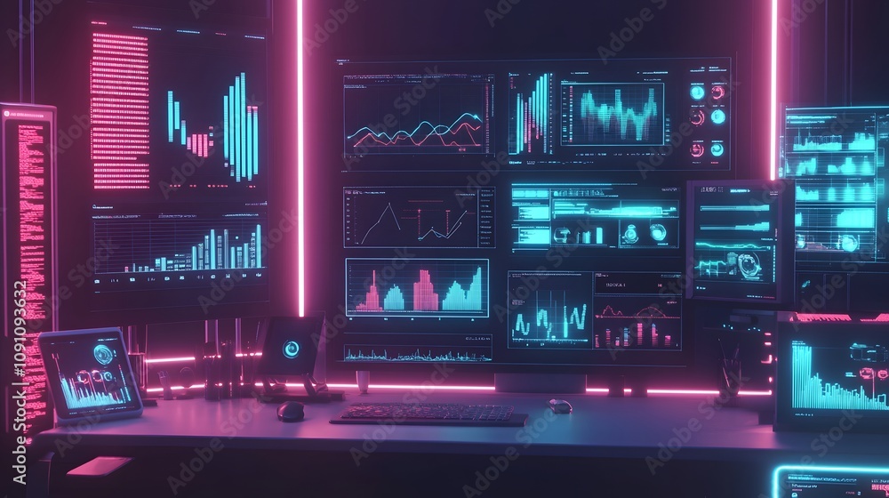 Poster A simple workspace featuring 3D rendered tools and 2D glowing graphs symbolizing growth and productivity. 4k resolution, Cinematic Scene