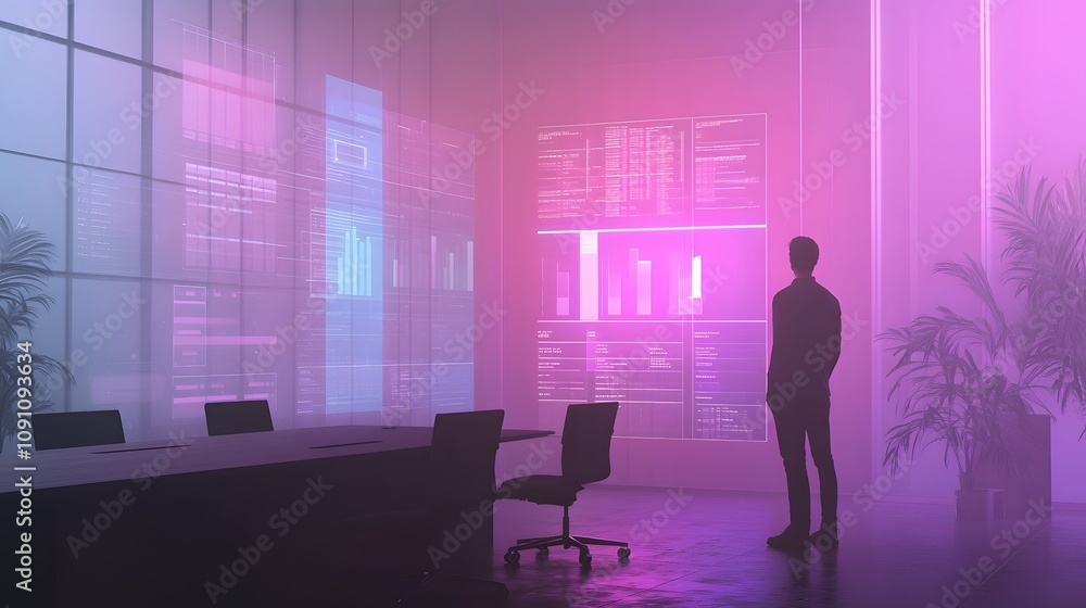 Poster a young entrepreneur presenting a prototype in a minimalist boardroom, with 3d glowing product visua