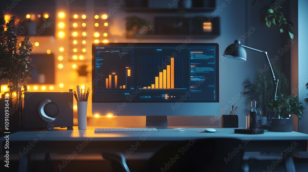 Poster A simple workspace featuring 3D rendered tools and 2D glowing graphs symbolizing growth and productivity. 4k resolution, Cinematic Scene