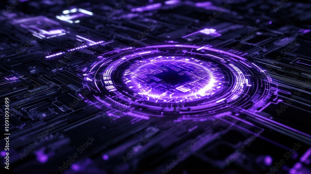 Poster abstract digital circuit design with glowing purple elements.